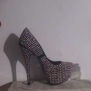 Black and Silver Studded High Heels with Peep-Toe